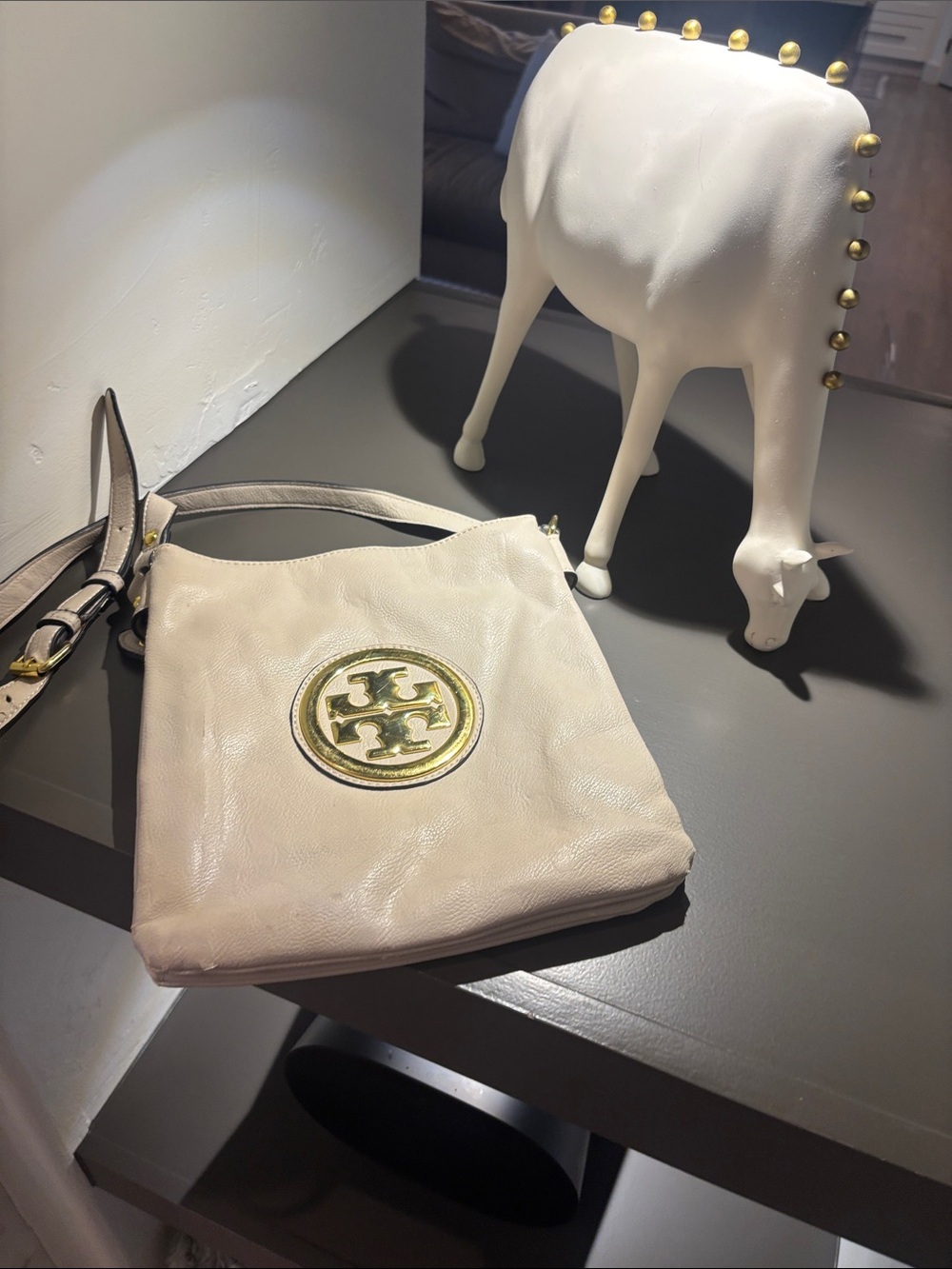 Tory Burch Cream Leather Crossbody with Gold Logo Medallion